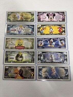 Rare Set Of 10 Disney Dollars - Million Dollar Bills In Protective Holder - Mint